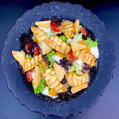 Grilled chicken salad at Danial’s Cuisine, Kestel — mixed greens, cherry tomatoes and crunchy croutons