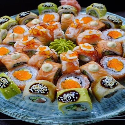 Sushi platter at Danial’s Cuisine, Kestel – assorted rolls with salmon, tobiko, avocado and wasabi